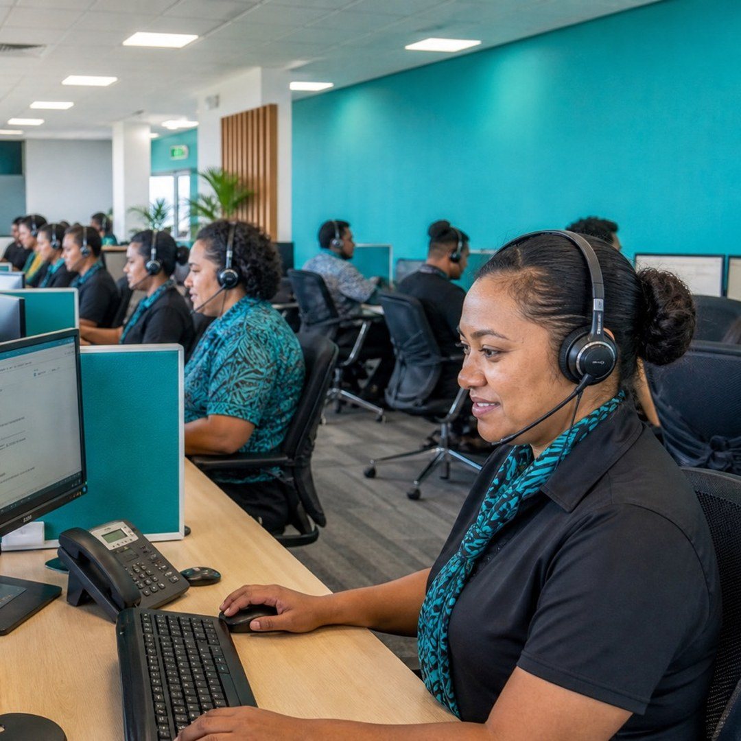 Customer service agent handling calls at the PCS centre in Fiji