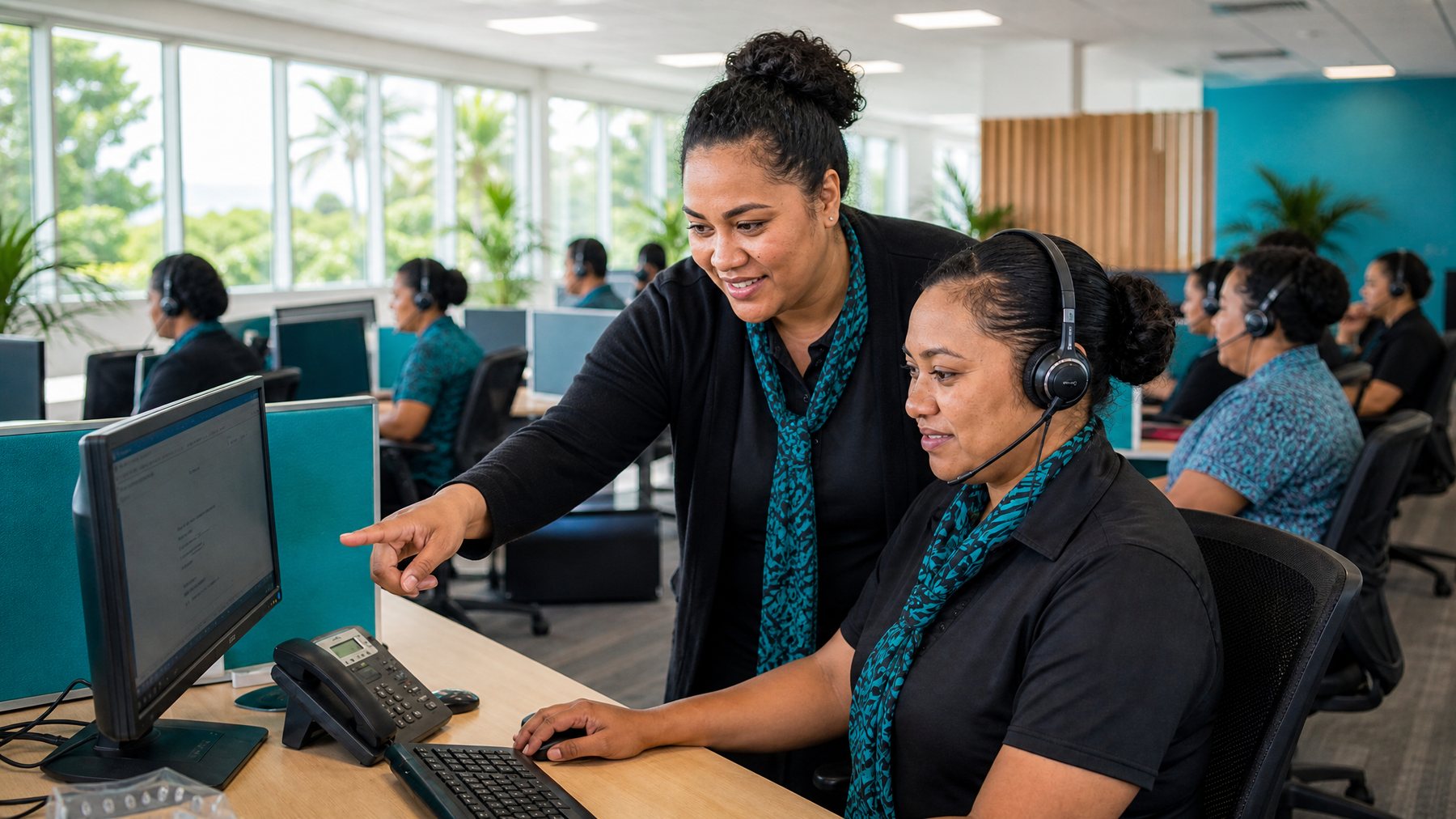 Team leader coaching an agent at a workstation in Suva, Fiji
