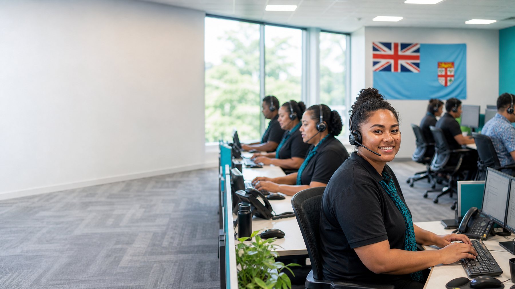 Rows of agent workstations at the PCS centre in Suva, Fiji
