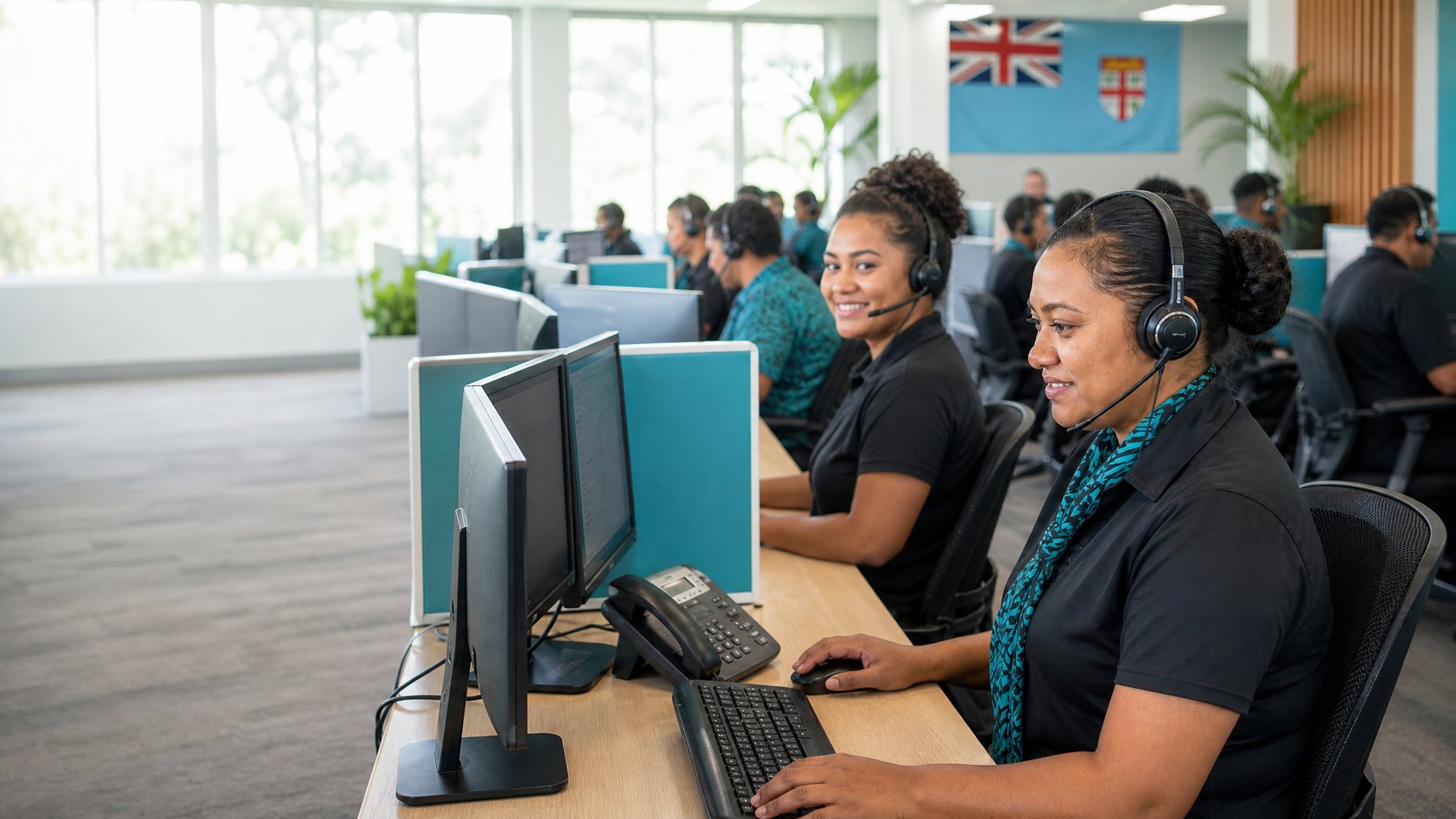 Contact centre workstations at the PCS delivery centre in Fiji