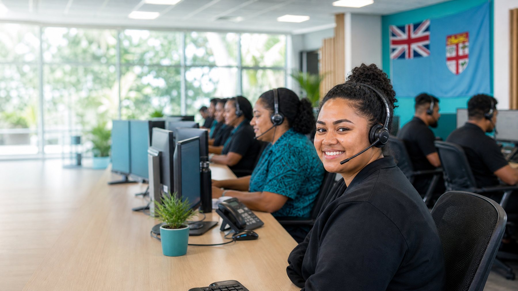 Customer support team working on the PCS floor in Suva, Fiji